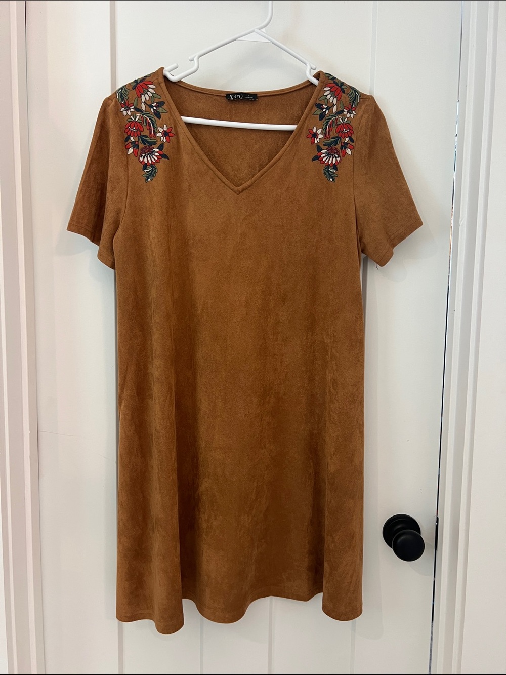Very J Brown Suede-Look V-Neck Mini Dress with Red Floral Shoulder Embroider